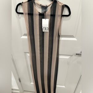Zara Women’s Long Throw Over Dress Beige/Black Stripes See Thu Sz S New With Tag